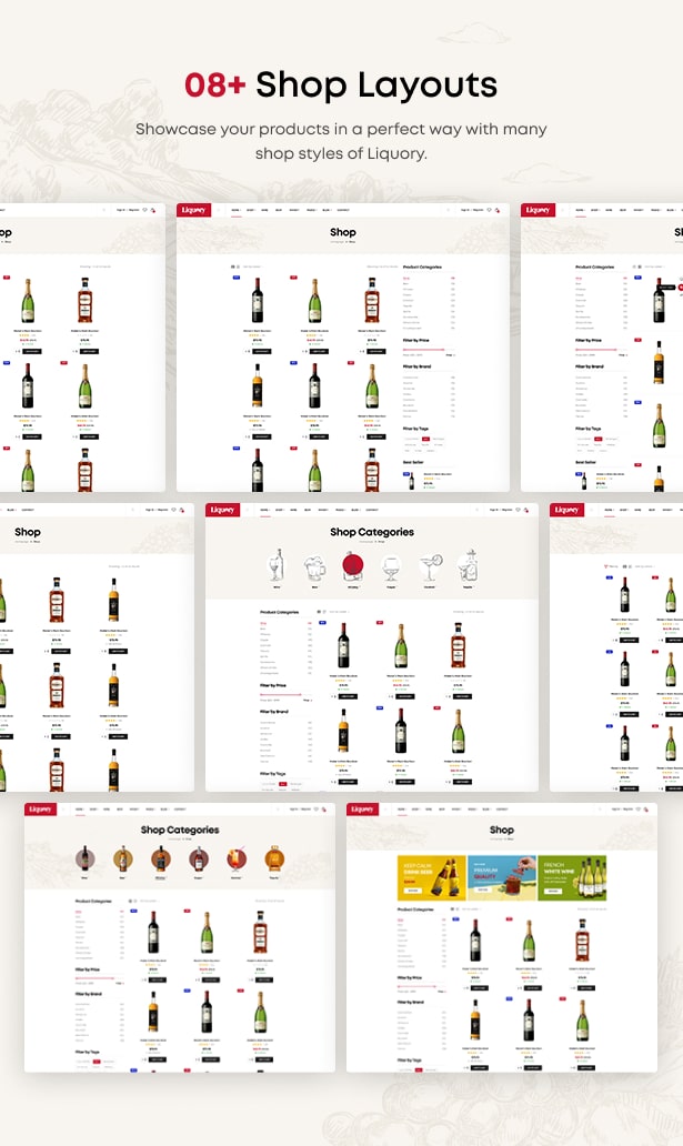 Liquory Drink Wine WordPress Theme Shop layouts